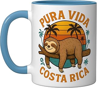 Pura Vida Costa Rica Sloth Sunset Palms Ceramic Mug, Blue/White