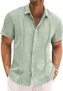 Mens Cuban Guayabera Shirts Short Sleeve Linen Casual Shirt Button Down Beach Summer Mexican Shirts