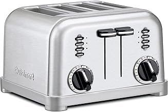 Cuisinart 4 Slice Compact Stainless Steel Toaster with Extra-Wide Slots for Bread, French Toast, Bagels & Pastries, Defrost & Reheat Functions, CPT-180P1, Brushed Stainless, Removable Crumb Tray