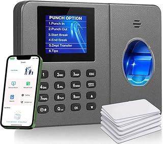 App-Controlled Time Clock with 5s Fast Connection, Edit Records, Set Rules & Run 4 Reports, No Monthly Fee, Fingerprint Time Clock for Employees Small Business, 10 IC Cards