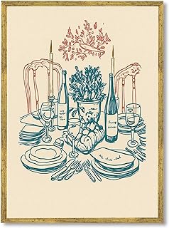 Framed Elegant Dining Table Poster Canvas Wall Art Prints Vintage Minimalist Aesthetic Painting Pictures Wall Decor for Kitchen Dining Room Apartment (Gold Framed,12L X16W)