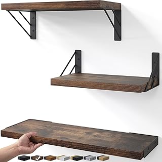 BAYKA Rustic Wood Floating Wall Shelves, Wall Mount Storage Organizer for Bedroom, Living Room, Kitchen, Bathroom & Office (Rustic Brown, 16in, Set of 3)