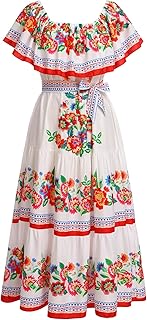 Women Mexican Dress Off Shoulder Floral Long Maxi Dress Summer Beach Party Cinco de Mayo Dresses with Belt