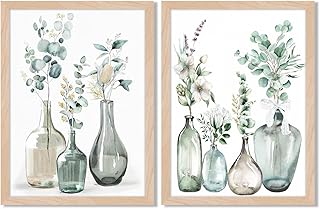 Boho Plant Wall Art Green Botanical 2Pcs Bohemain Framed Wall Printing Neutral Canvas Prints with Eucalyptus Leaf and Glass Bottle Sage Green Wall Decor For Kitchen Dining Room Living Roon Bathroom 8x10IN