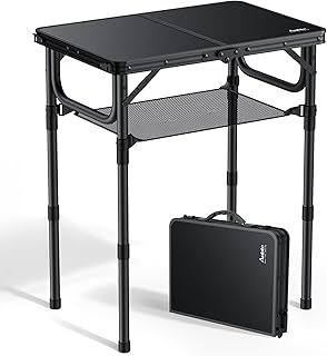 Anbte Folding Camping Table with Storage Net, Pure Black Aluminum 2ft Picnic Table 23.2" x 16" Outdoor Table Adjustable Height Max 27.5", Lightweight, Waterproof, Portable Handle for Travel Cooking