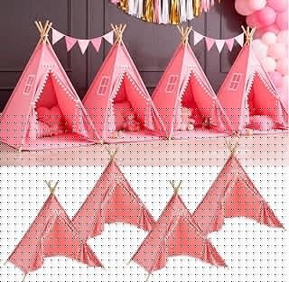 4 Pack Teepee Tent for Kids Slumber Party, Cotton Playhouse Tipi Sleepover Tent with Pompom & Lights for Girls & Boys Movie Night Birthday Party Supplies