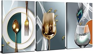 Dining Room Wall Art Set of 3 Teal Gold Wine Glass Wall Art Modern Abstract Wine Pictures Wall Decor Kitchen Tableware Canvas Wall Art Gray Gold Dining Room Wall Decor Kitchen Home Decoration 12x16"