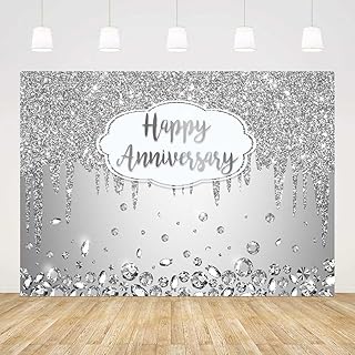 AIBIIN 7x5ft Happy Anniversary Backdrop Silver Dripping Glitter Crystals Photography Background Cheers to Wedding Anniversary Party Decorations Banner Photo Props