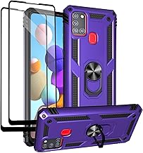 for Samsung Galaxy A21s Case with Tempered Glass Screen Protectors, Military-Grade Metal Ring Kickstand 15ft Drop Tested Shockproof Cover for Samsung Galaxy A21s Purple