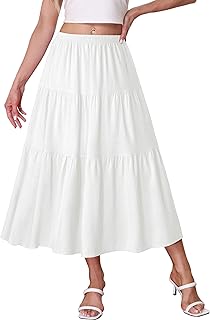 Women's Boho Midi Skirt A-Line Ruffle Elastic High Waist Tiered Flowy Skirts