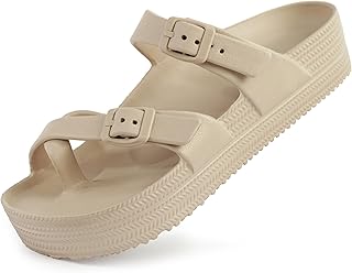 Womens Sandal with Arch Support - Adjustable Buckle Straps Beach Slides - Summer Lightweight Flip Flops Sandals