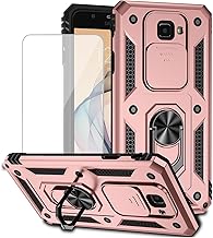 for Galaxy J7 2017/J7 Sky Pro/J7 Halo/J7 V/J7 Perx Case with Tempered Glass Screen Protector and Slide Camera Cover, Magnetic Ring Car Mount Holder Cover for Samsung Galaxy J7 Prime Rose Gold