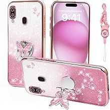 for Samsung Galaxy A20 Phone Case,for Samsung A30 Mobile Phone Case for Women and Girl, Glitter Butterfly Floral TPU Protective Cover with Kickstand+Strap for Samsung A20/A30 (Pink)