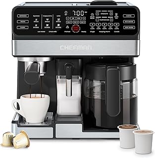 Coffee Maker Espresso Machine Combo, OmniBrew 8-in-1 Coffee Station with Automatic Milk Frother for Lattes, Cappuccinos, Macchiatos, 12-Cup Carafe and 3L Removable Water Tank - Black