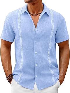 Mens Linen Guayabera Shirts Short Sleeve Cuban Casual Summer Button Down Shirt Beach Mexican Hippie Wedding Tops