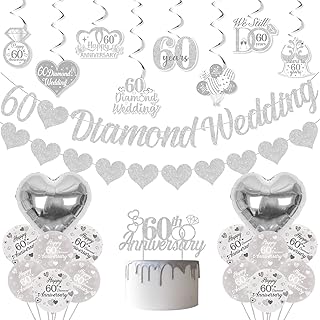 60th Diamond Wedding Anniversary Decorations, Glitter Banner, Cake Topper, Hanging Swirl, Silver Heart-shaped Love Foil Balloons, Festival Celebration Party Supplies Sets