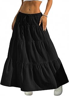 Women's Boho Flowy White Maxi Skirt Flared Ruffle Elastic Waist Summer A Line 2026 Spring Long Skirts