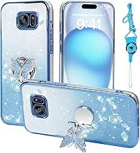 for Samsung Galaxy S7 (Not Fit S7 Edge) Phone Case,for Galaxy S7 Mobile Phone Case for Women and Girl, Glitter Butterfly Floral TPU Protective Cover with Kickstand+Strap for Samsung S7 (Blue)