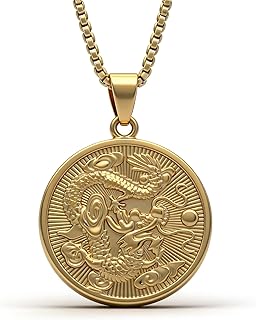 Dragon Pendant Necklace, 18K Gold Plated Chinese Zodiac Hip Hop Round Medallion, Lucky Charm Protection Amulet Jewelry with 24" Box Chain for Men Women