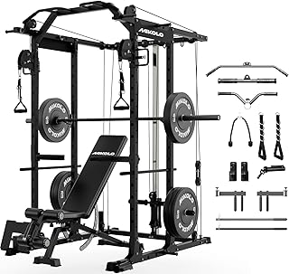 Mikolo Power Cage, Power Rack with Cable Crossover System, 1500LBS Squat Rack with LAT Pull Down System, Workout Cage with Pulley System for Fitness Home Gym