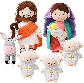 HyDren 6 Pcs Jesus Plush Doll for Mother's Day Christian Gift Nativity Set Religious Plush Doll 11 Inch Saint Virgin Mary with Baby Jesus and Donkey Lambs, God Christening Gift for Kids Church Nursery