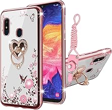 for Samsung Galaxy A10e Case, Samsung A10e Case for Women Glitter Crystal Soft TPU Bling Cute Butterfly Heart Floral Clear Protective Cover with Ring Kickstand+Strap for Galaxy A10e (Rose Gold)