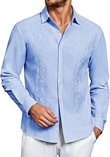 Men's Casual Cotton Linen Button Down Shirts Cuban Guayabera Shirt Long Sleeve Summer Beach Tops
