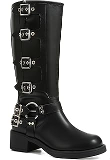 Knee High Boots Women Square Toe Pull On Wide Calf Riding Fashion Buckles Chunky Metallic Casual Vintage Buckle Rivet