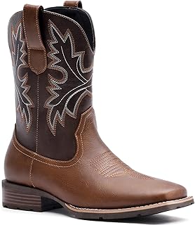 Cowboy Boots for Men - Western Men's Boots with Classic Embroidered, Slip on Square Toe Boots, Slip Resistant Country Boots Chunky Heel Ankle, Durable Short Boots for Spring Fall