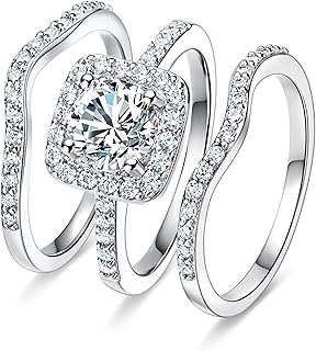 18K White Gold Plated Cubic Zirconia Three-in-One Halo Wedding Engagement Promise Eternity Ring for Women
