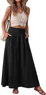 Maxi Skirts for Women Smocked Elastic High Waisted Casual Boho Swing Pleated Beach Long Skirts with Pockets