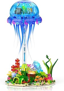 Jellyfish Building Set with LED Lights, Floating Jellyfish Lamp for Home Decor, Ocean Animal Collection Model with Coral & Seaweed, Creative Display Gift for Adults, Teens 14+