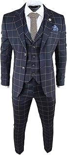 Mens Blue 3 Piece Suit Tan Check Classic Wedding Prom Peaky Tweed Vintage