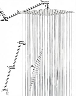 All Metal Rain Shower Head, 10'' High Pressure Rainfall Square Showerhead with 16" Shower Head Extension Arm, Stainless Steel Adjustable Shower Arm Extender, Waterfall fixed Showerheads, Chrome