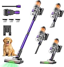 Cordless Vacuum Cleaner, 500W 40KPa 60Mins Vacuum Cleaners for Home, Wireless Vacumm Anti-Tangle Rechargeable Vacuum with Green Light for Pet Hair/Carpet/Hardwood Floor, Purple