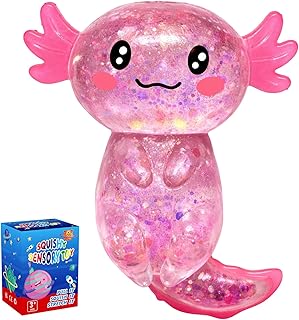 Axolotl Squishy Glitter Stress Relief Toy, Stretchy Axolotls Stress Ball, Relief Squishy Toys, Fidget Toys for Kids Youth Adult, Salamander Gift for Party Birthday Christmas (Pink)