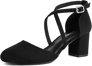 Women's Low Block Heeled Dress Pumps Closed Round Toe Cross Strap Wedding Bridal Party Office Shoes 2.5 Inch