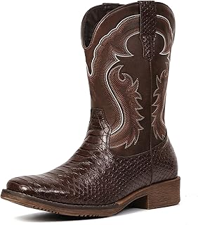 Cowboy Boots for Men Faux Snake Skin Embroidered Western Boots Slip Resistant Square Toe Pull on Mid Calf Cowboy Boot