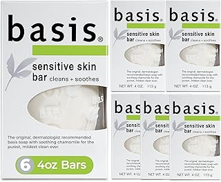 Basis Sensitive Skin Bar Soap for Body, Hands and Face, Unscented Soap Bar for Sensitive Skin with Chamomile and Aloe Vera, Bar Soap Bulk Pack, 4 Oz Bar, Pack of 6