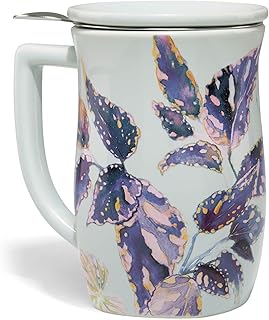 Tea Forte Ceramic Fiore Cup with Handle, Removeable Stainless Steel Infuser Basket and Lid, Steeps 14 oz Loose Leaf Tea, Dishwasher & Microwave Safe, Demoiselle