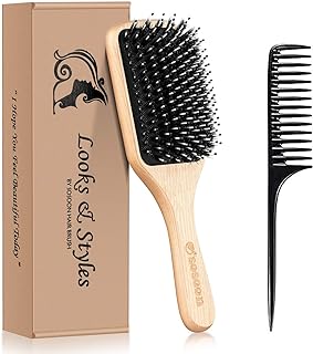 Hair Brush, Sosoon Boar Bristle Paddle Hairbrush for Long Short Thick Thin Curly Straight Wavy Dry Hair for Men Women Kids, No More Tangle, Giftbox & Tail Comb Included
