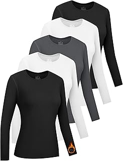 5 Pack Womens Long Sleeve Thermal Shirts Crew Neck Double Sided Fleece Lined Baselayer Tops for Cold Weather