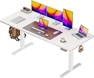Huuger 63 x 28 Large Electric Standing Desk, Height Adjustable Computer Desk, 27.6" Deep Desktop, Stand up Gaming Office Table with 2 Hooks, 3 Preset Heights, for Home Office, White