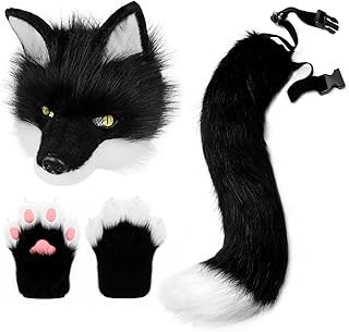 Plush Faux Fur Therian Dog Wolf Mask Paw Gloves Fox Tail Set Halloween Cosplay Costume Accessories