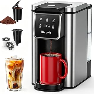 Horavie Single Serve Coffee Maker for K-Cup Pod & Ground, Hot & Iced Coffee Maker, Strong Button Feature, 6 to 14oz Brew Sizes, 50oz Removable Reservoir, Fit 6.5" Mugs, Stainless Steel, Black