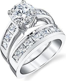 2 Carats Sterling Silver Bridal Set Cubic Zirconia Engagement Wedding Ring Bands with Round and Princess Cut