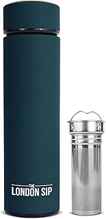 London Sip Multi-Purpose Tea Infuser Travel Mug and Tumbler Fruit Infuser Flask Hot and Cold Double Wall Stainless Steel Thermos with Extra-Long Infuser, Midnight Teal
