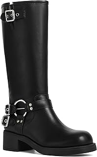 Knee High Boots Women Square Toe Pull On Wide Calf Riding Fashion Buckles Chunky Metallic Casual Vintage Buckle Rivet