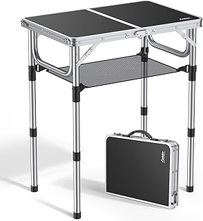 Anbte Folding Camping Table, Aluminum 24" x 16" Adjustable Height Small Folding Table with Carrying Handle, Lightweight, Portable Camping Table Waterproof for Outdoor Indoor Picnic Beach BBQ (Black)