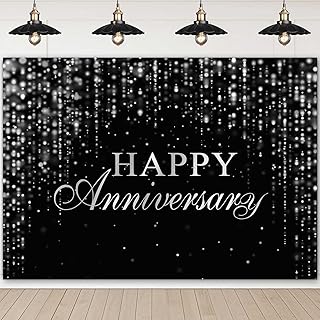 Happy Anniversary Backdrop Black Silver Anniversary Banner Cheers to Marriage Wedding Party Decorations Glitter Flowing Drapes Photography Background Photo Booth Props 7x5ft